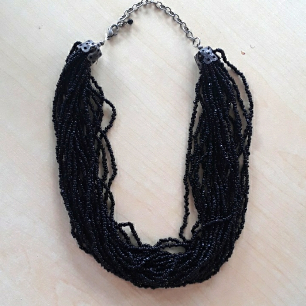Black glass bead multi-strand choker adjustable